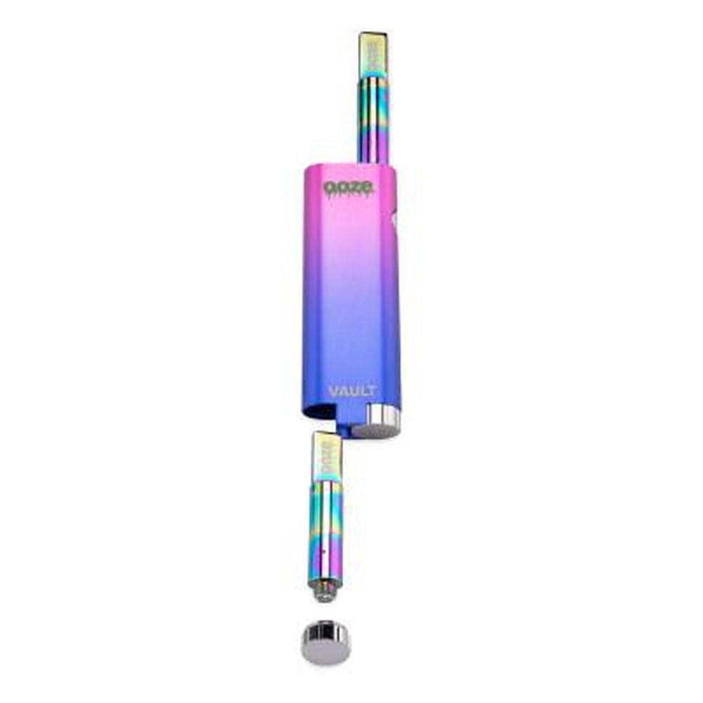 Front view of the Ooze Vault Extract Battery with Storage Chamber, displaying its sleek, cylindrical design and contrasting chamber.