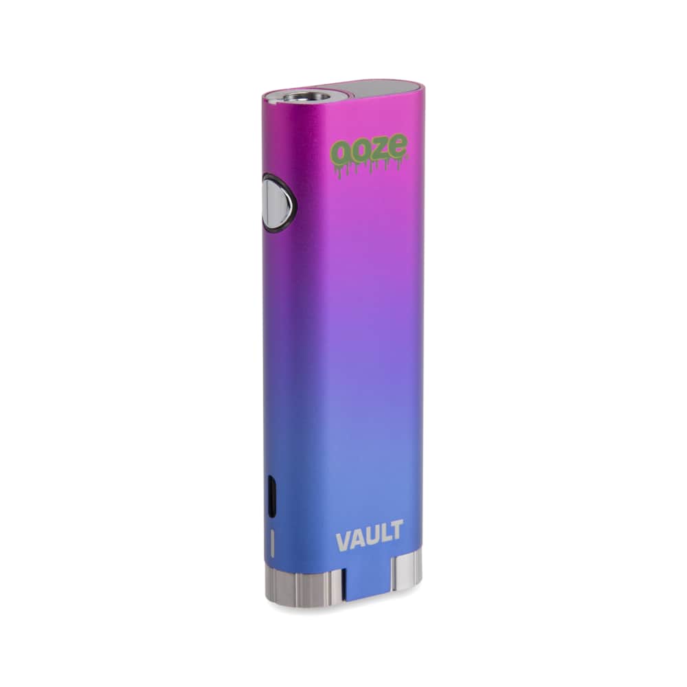 Front view of the Ooze Vault Extract Battery with Storage Chamber, showcasing its sleek, cylindrical shape and metallic finish.
