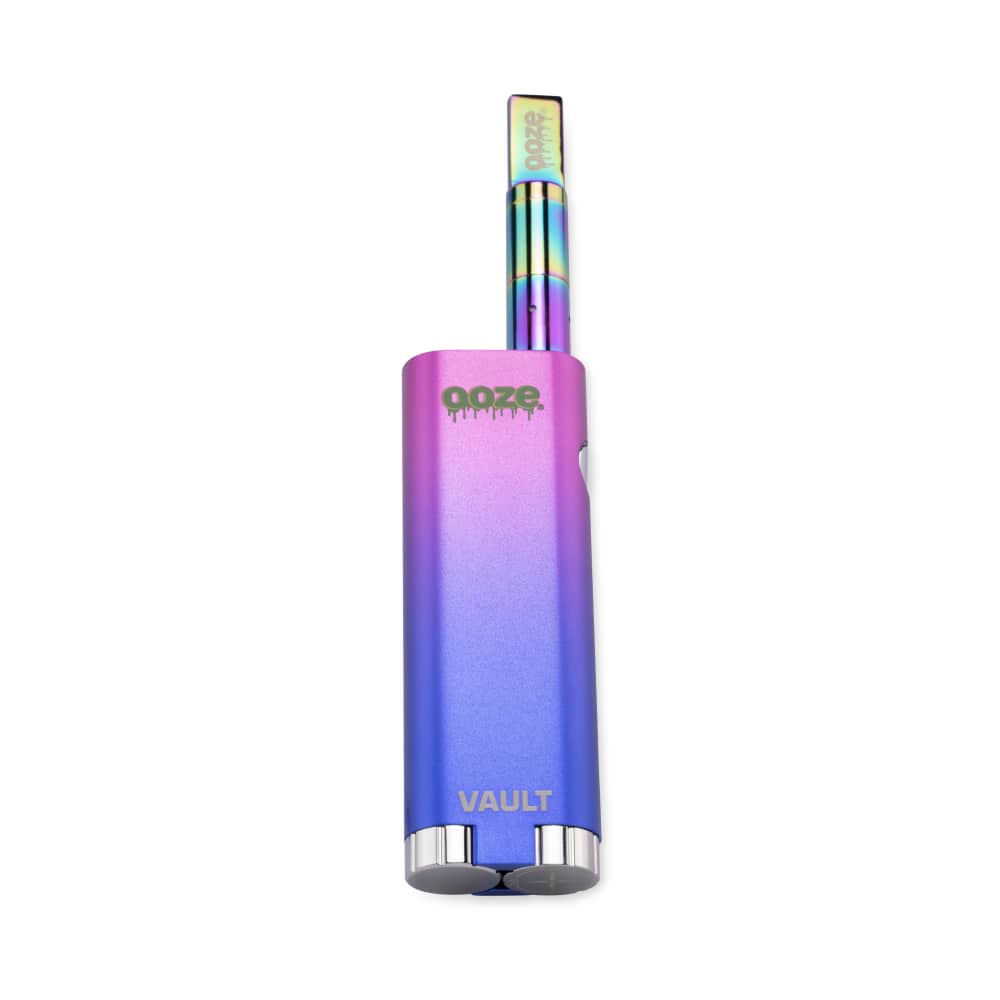 A front view of the Ooze Vault Extract Battery with Storage Chamber, showcasing its sleek, silver design.