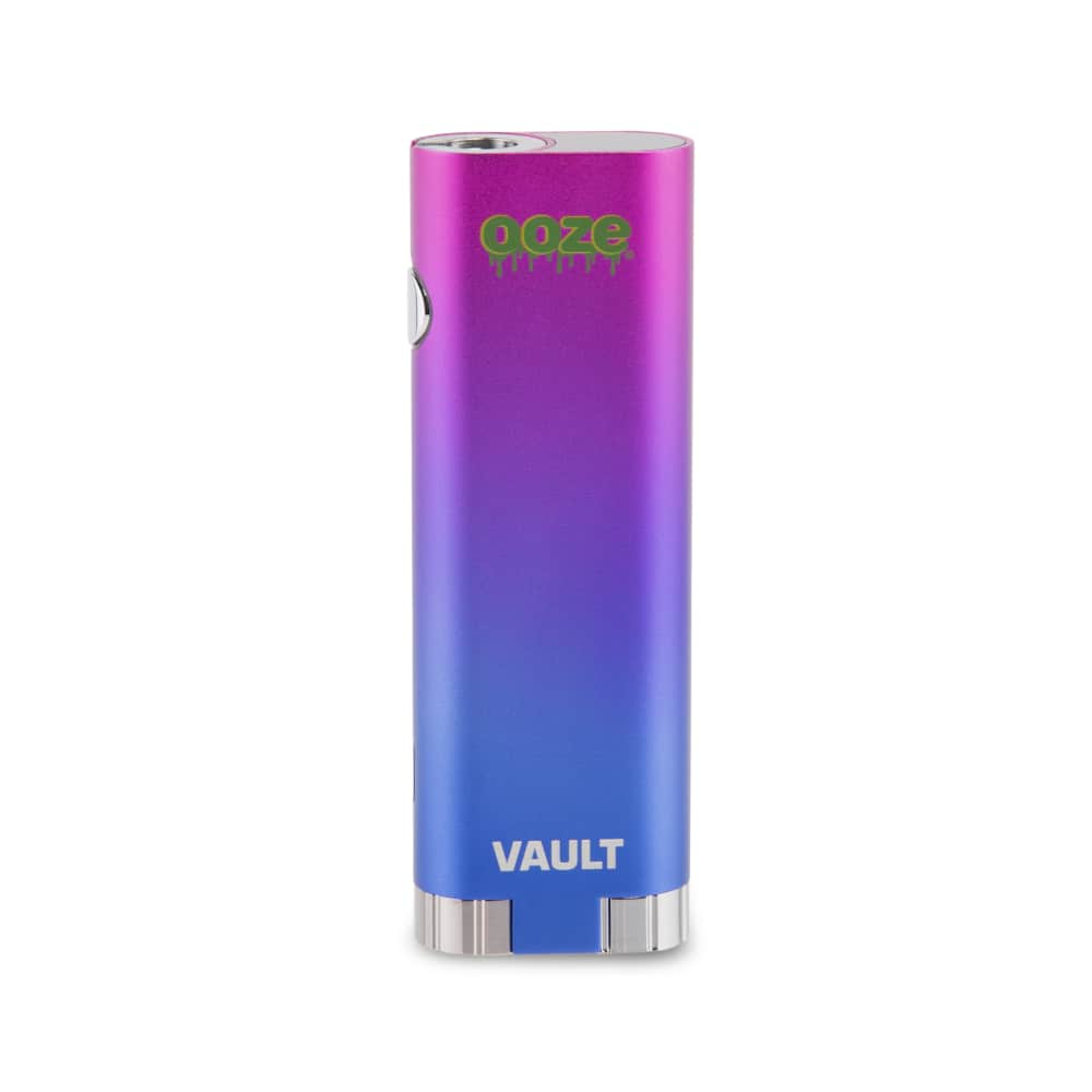 Front view of the Ooze Vault Extract Battery with Storage Chamber, featuring a sleek, cylindrical design with a gradient purple finish.