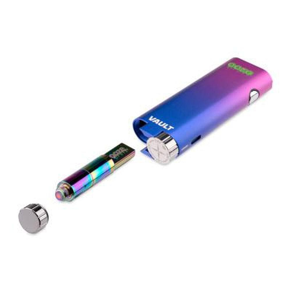 A slightly angled view of the Ooze Vault Extract Battery with Storage Chamber, displaying its metallic blue finish and open storage compartment.