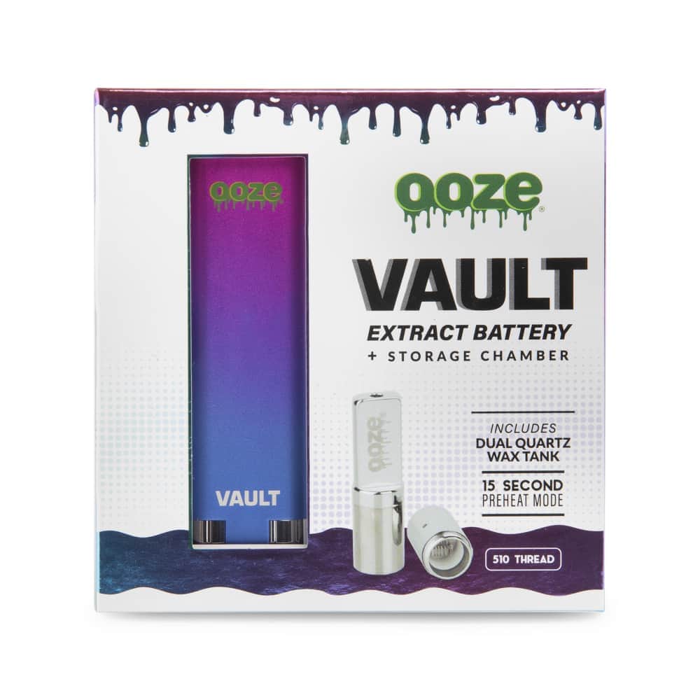 Front view of the Ooze Vault Extract Battery with Storage Chamber, displaying text graphics on a black background.
