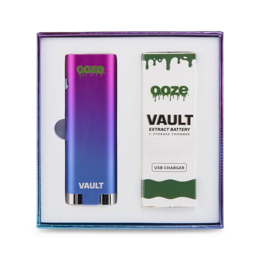 Front view of the Ooze Vault Extract Battery with Storage Chamber, showcasing its sleek black design against a clean white backdrop.