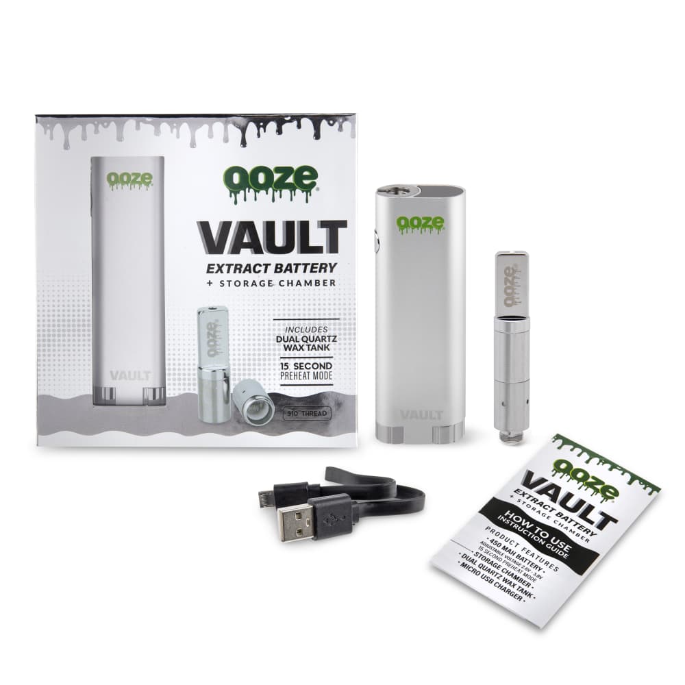 The Ooze Vault Extract Battery with Storage Chamber is displayed at a slight angle, showing its black casing and product details.