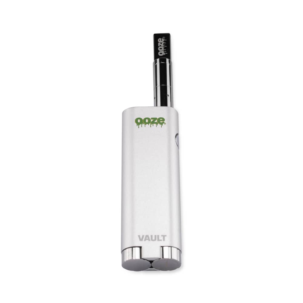 A centered view of the Ooze Vault Extract Battery with Storage Chamber, highlighting its sleek silver design and compact cylindrical shape.
