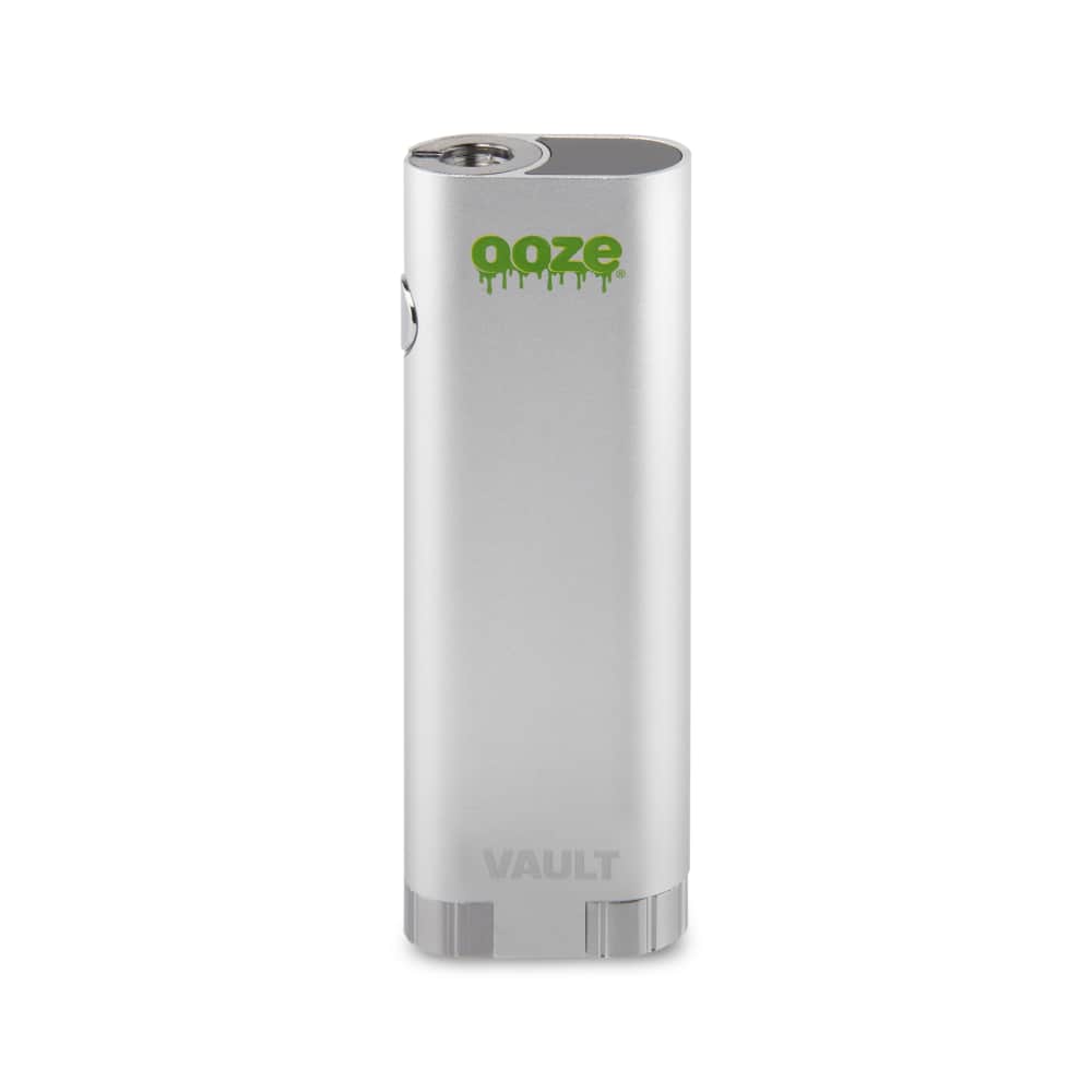Front view of the Ooze Vault Extract Battery with Storage Chamber, a silver metallic device against a plain white background.