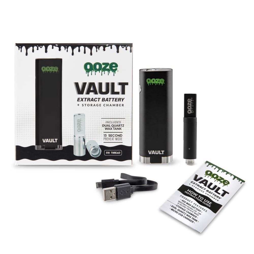Front view of the Ooze Vault Extract Battery with Storage Chamber, showcasing its black finish and product information on a dark background.