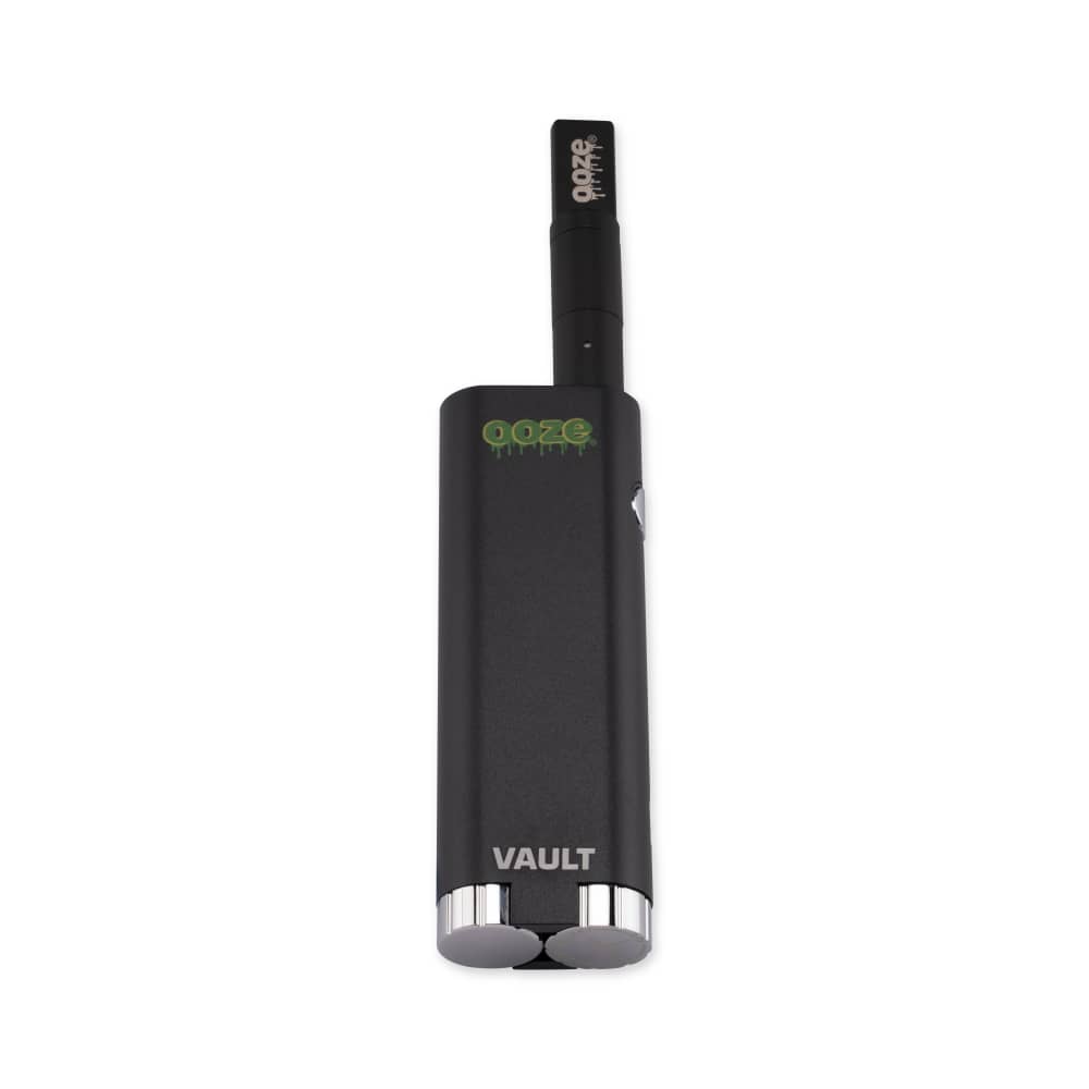 Front view of the Ooze Vault Extract Battery with Storage Chamber, a sleek, black cylindrical device.