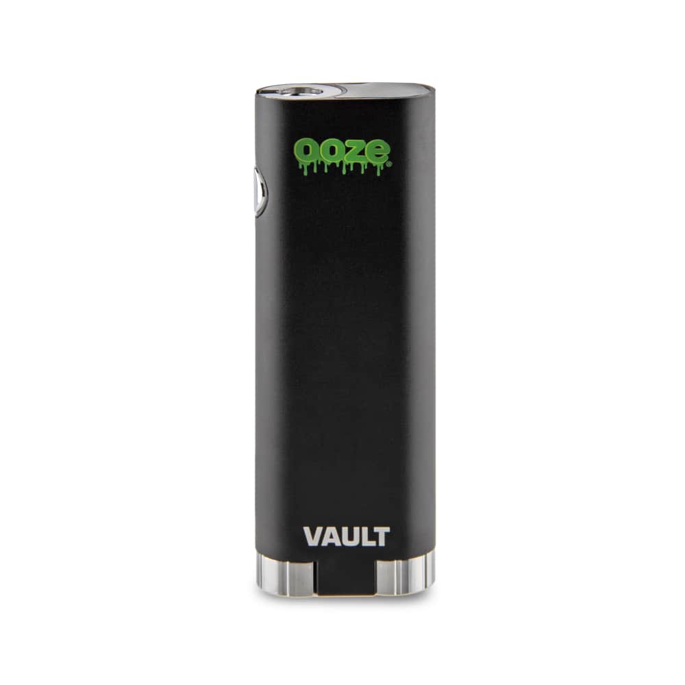 Front view of the Ooze Vault Extract Battery with Storage Chamber, a sleek black device with a cylindrical shape.