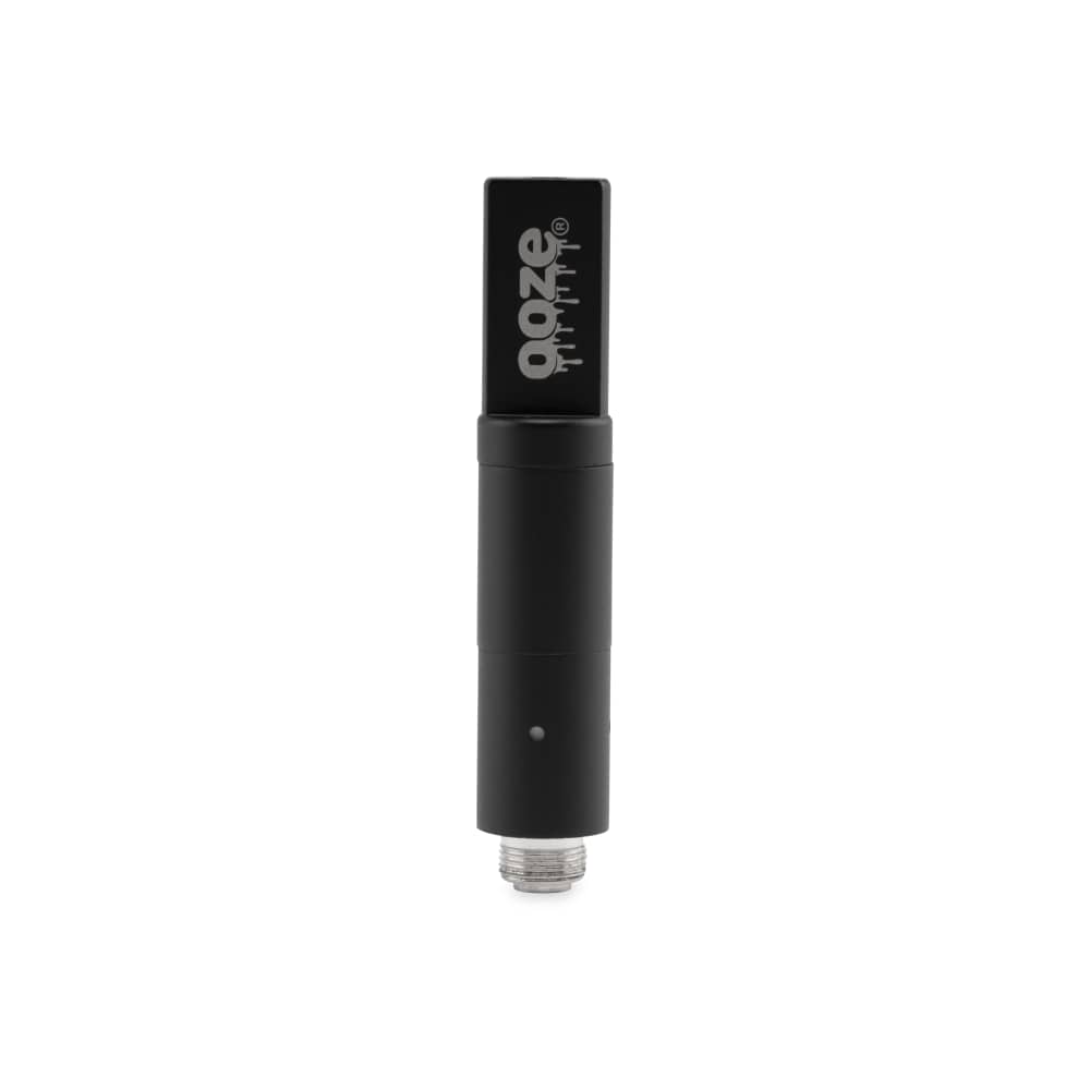 A close-up, angled view of the Ooze Vault Extract Battery with Storage Chamber, showcasing its sleek, cylindrical design.