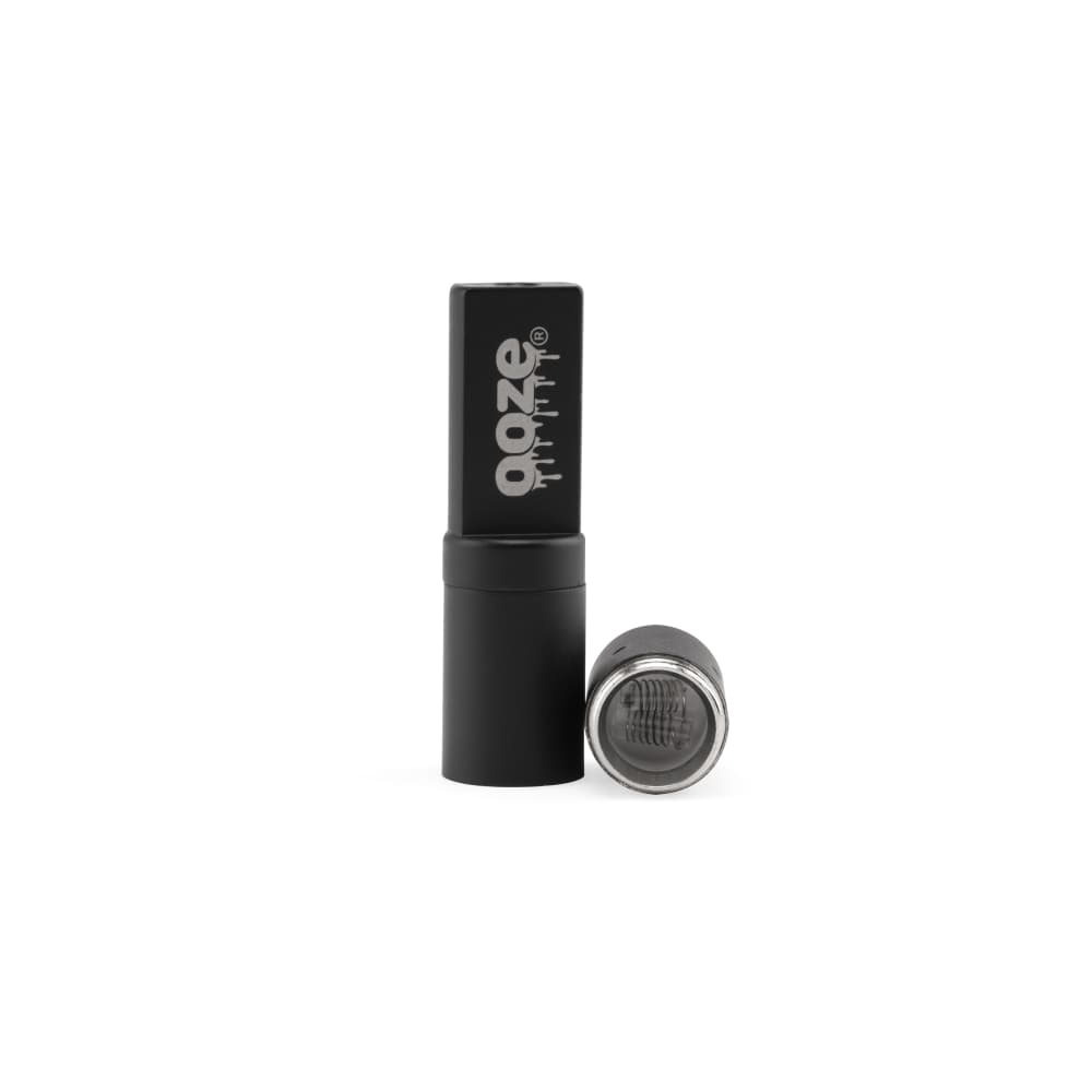 A slightly angled view of the Ooze Vault Extract Battery with Storage Chamber, showing its sleek, cylindrical shape against a plain white background.