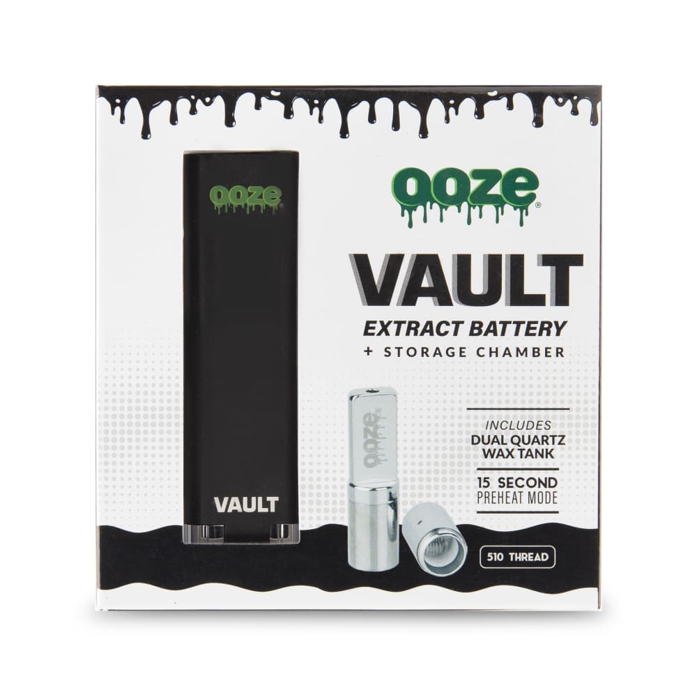 Front view of the Ooze Vault Extract Battery with Storage Chamber, showcasing its black cylindrical design against a white background.