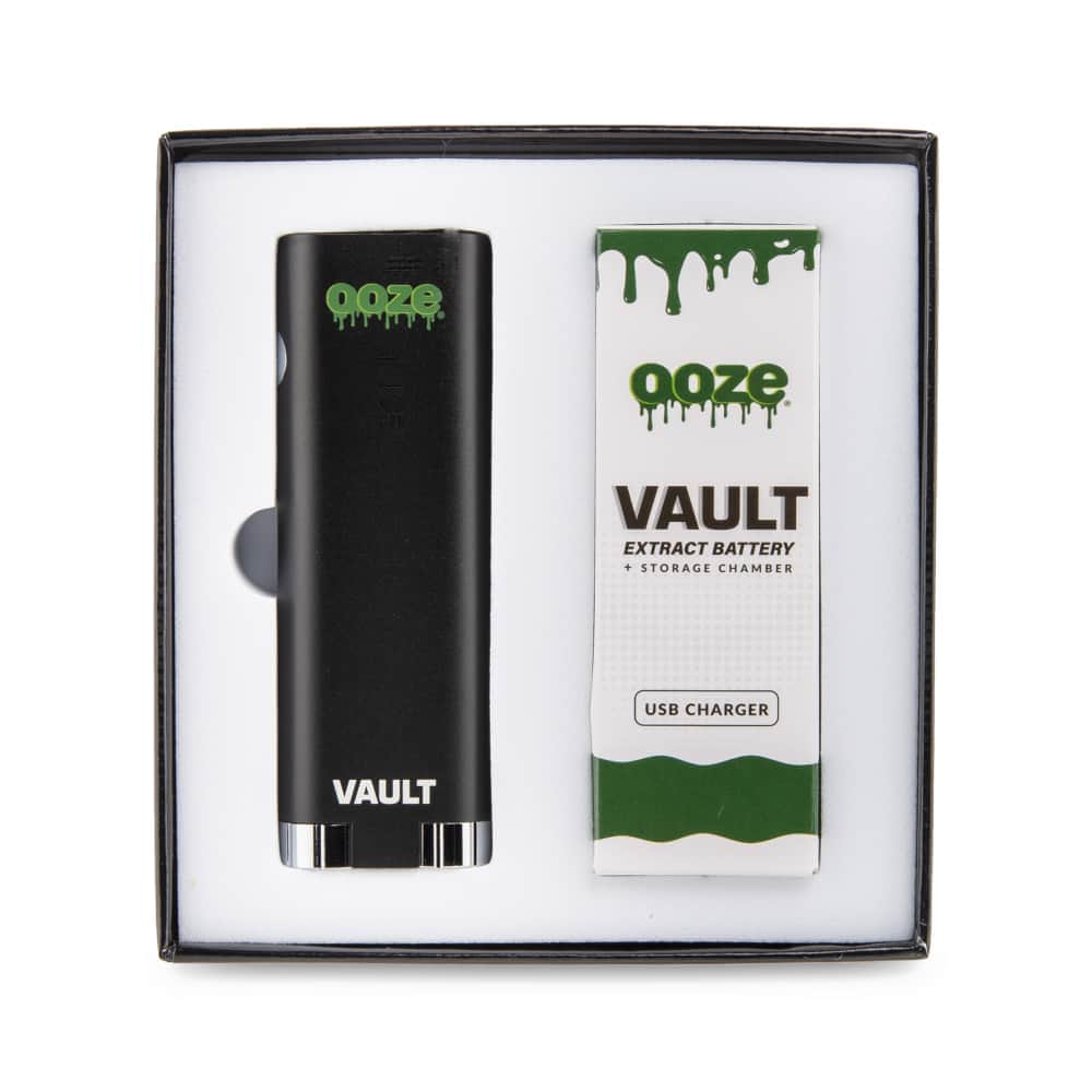 Front view of the Ooze Vault Extract Battery with Storage Chamber, displayed in its packaging with a minimalist design.