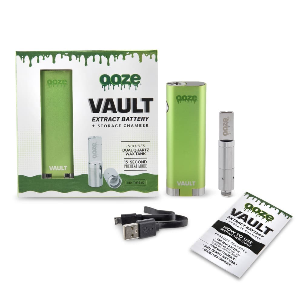 Front view of the Ooze Vault Extract Battery with Storage Chamber, displaying text details on a dark background.