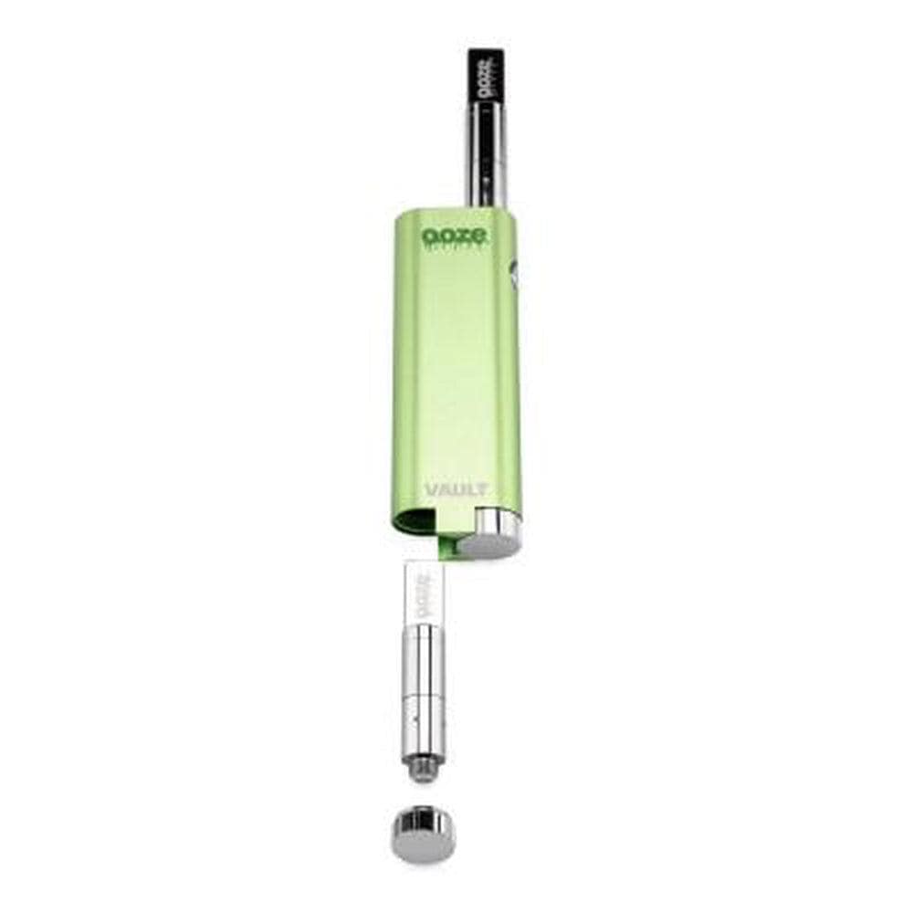 Front view of the Ooze Vault Extract Battery with Storage Chamber, showcasing its sleek, cylindrical shape and silver finish.