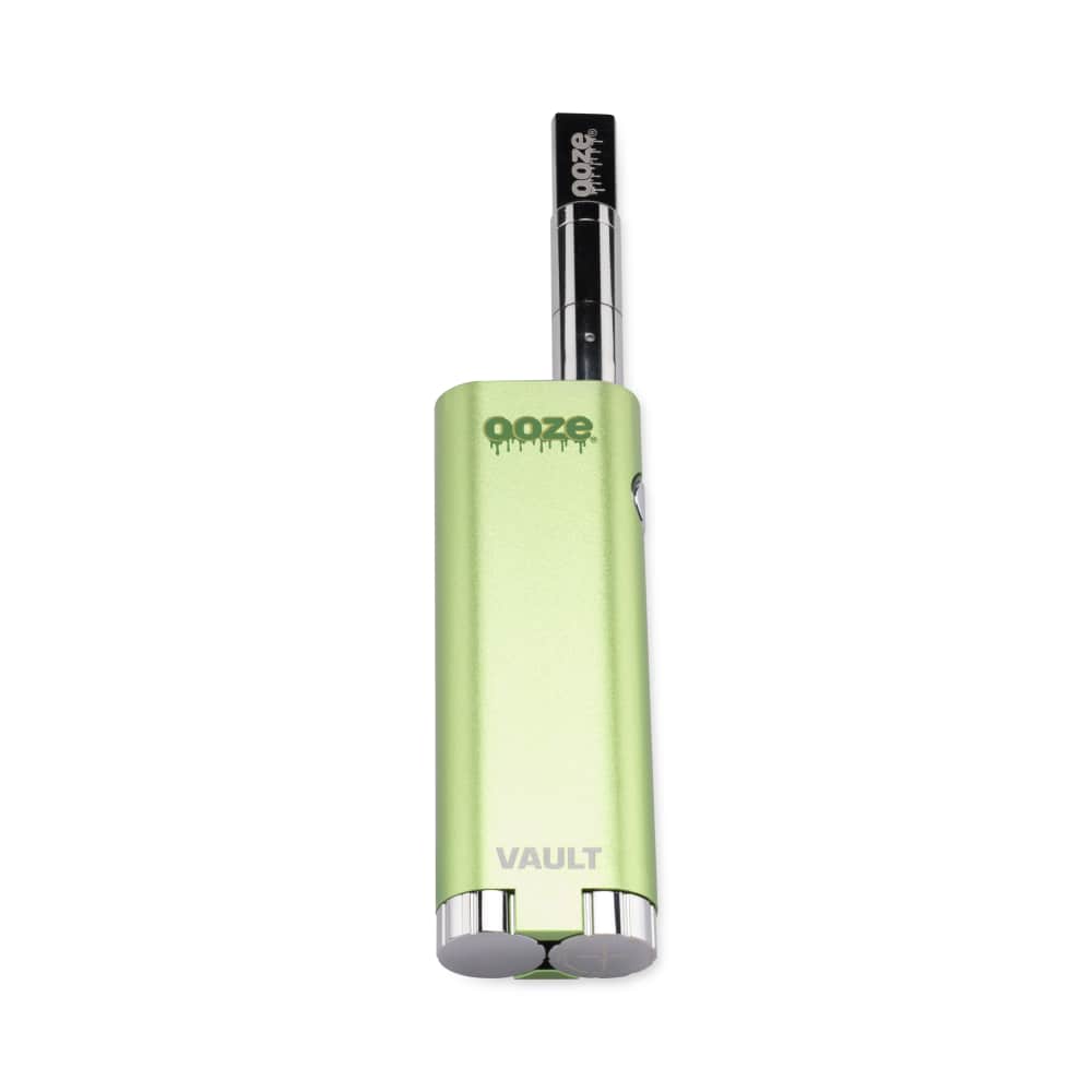 Front view of the Ooze Vault Extract Battery with Storage Chamber, showcasing its sleek, cylindrical design against a plain white background.