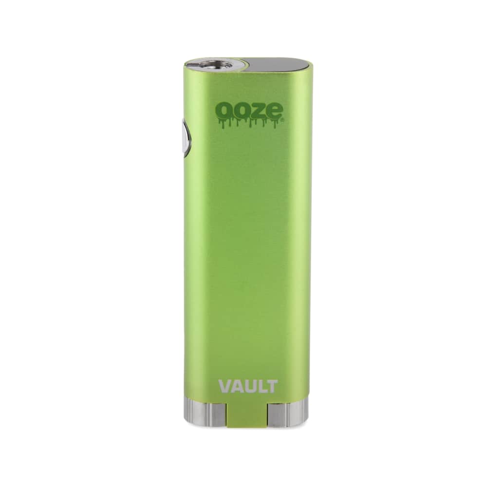 A front view of the Ooze Vault Extract Battery with Storage Chamber, showcasing its sleek, cylindrical shape and metallic finish.