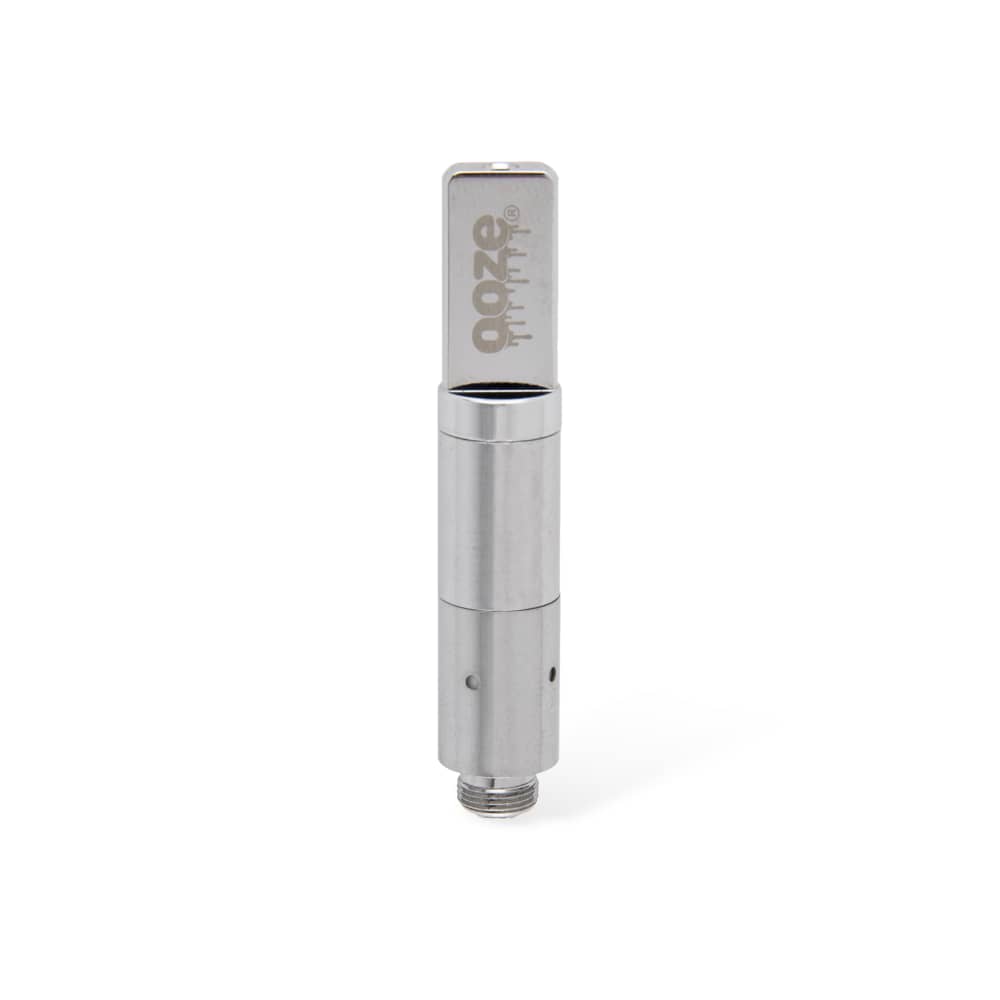 A sleek, silver Ooze Vault Extract Battery with Storage Chamber is displayed at a slight angle against a plain white background.