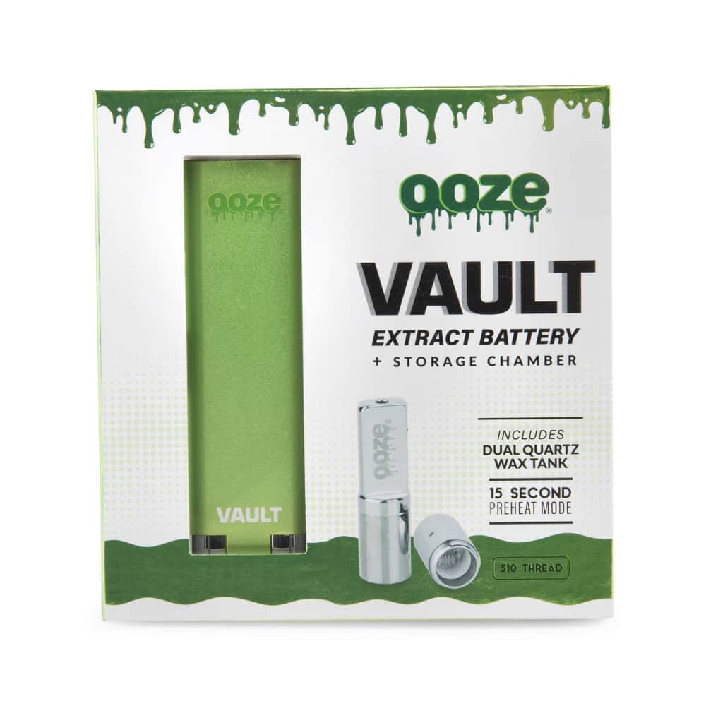 Front view of the Ooze Vault Extract Battery with Storage Chamber, showcasing its sleek, cylindrical design against a black background.