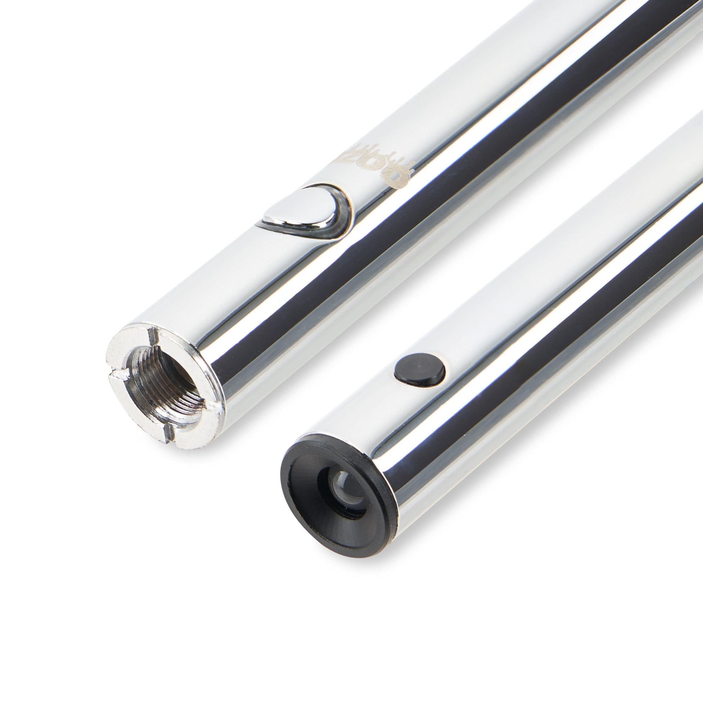 A close-up, angled view of the Ooze Wink 290 mAh Vape Battery Flashlight, showcasing its sleek, cylindrical metallic finish.