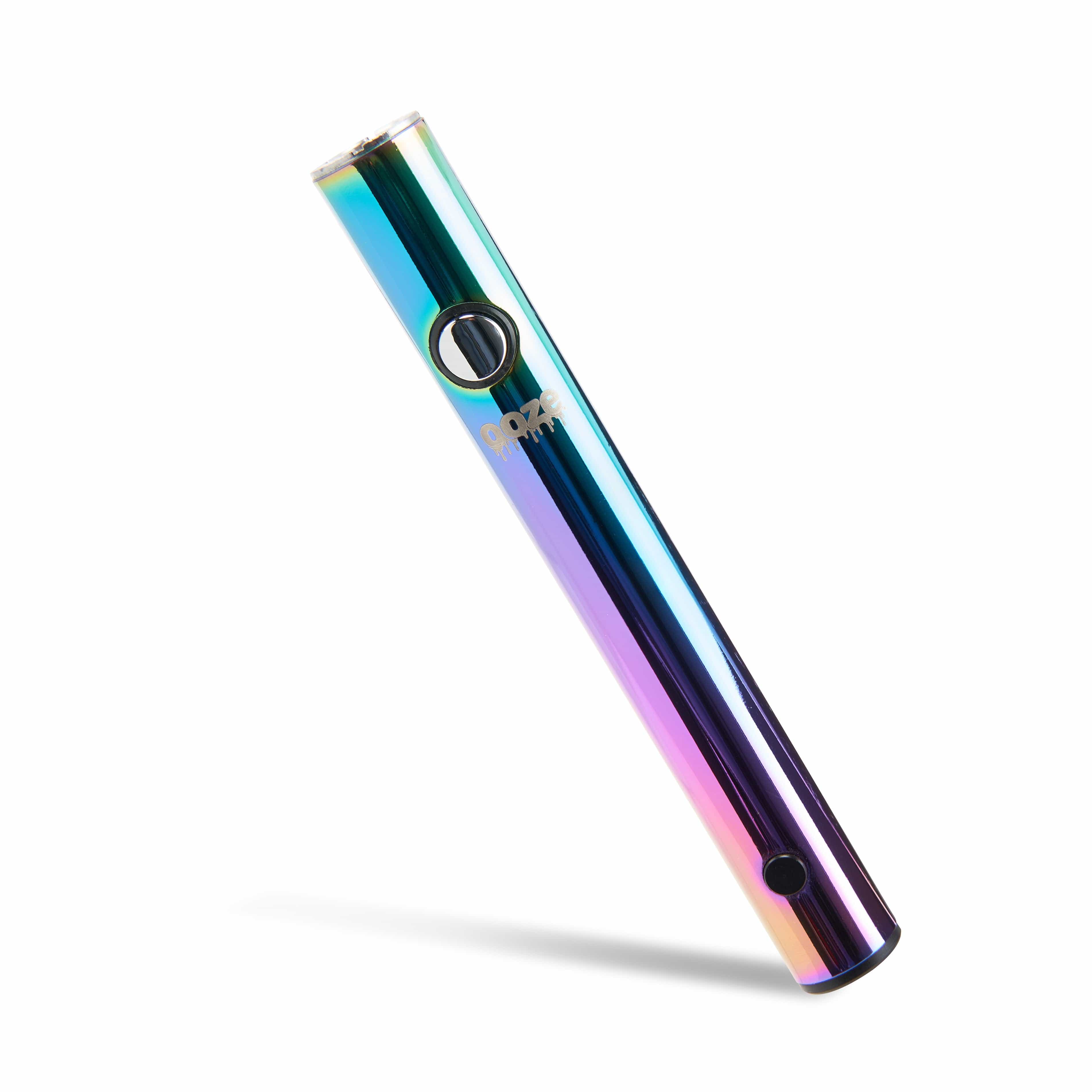 A slightly angled, close-up view of the Ooze Wink 290 mAh Vape Battery Flashlight with a shiny, metallic finish.