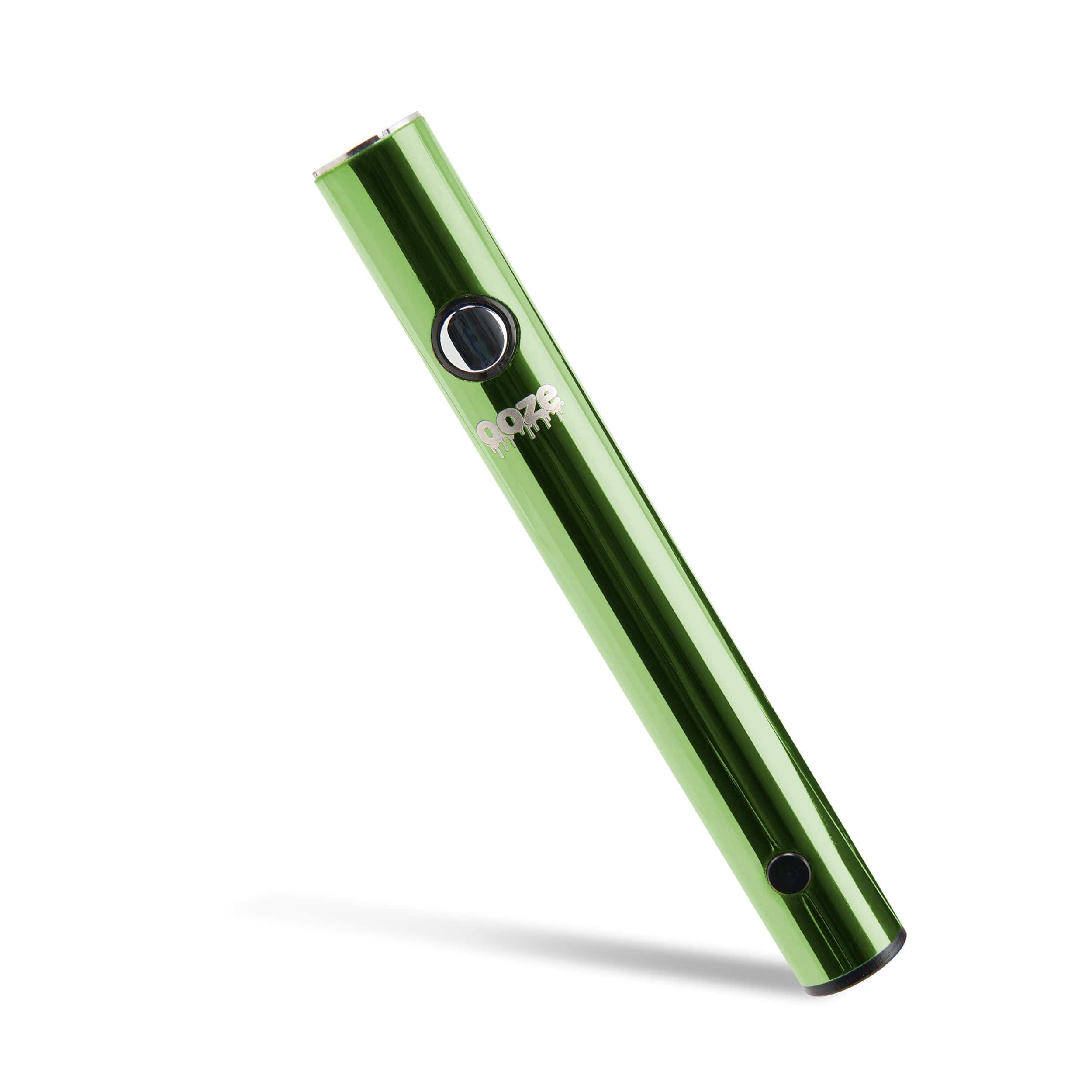 A sleek, angled studio shot of the Ooze Wink 290 mAh Vape Battery Flashlight, highlighting its metallic finish and compact design.