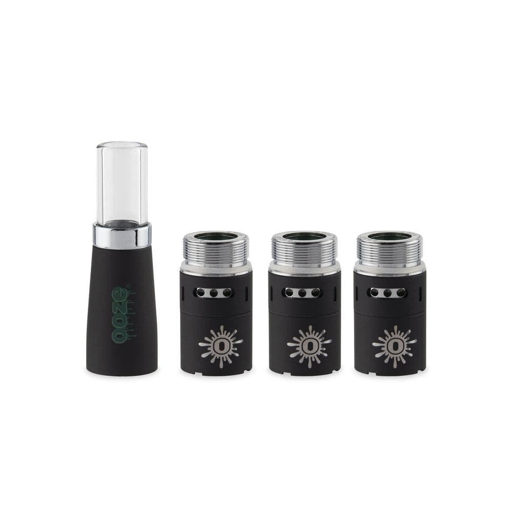 A close-up, angled view of the Ooze Fusion Vape Atomizer, showcasing its metallic finish and minimalist design on a dark background.