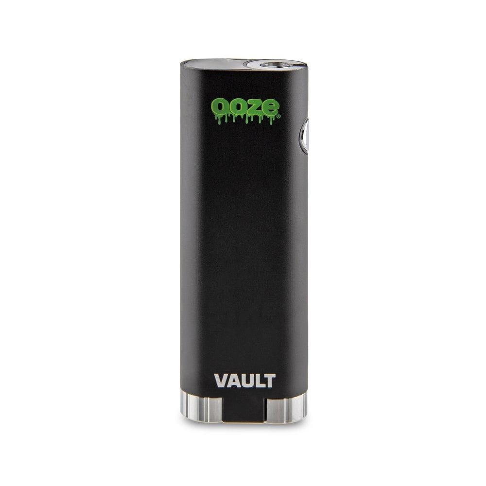 Front view of the Ooze Vault Extract Battery with Storage Chamber, a sleek, silver-toned device against a plain white background.