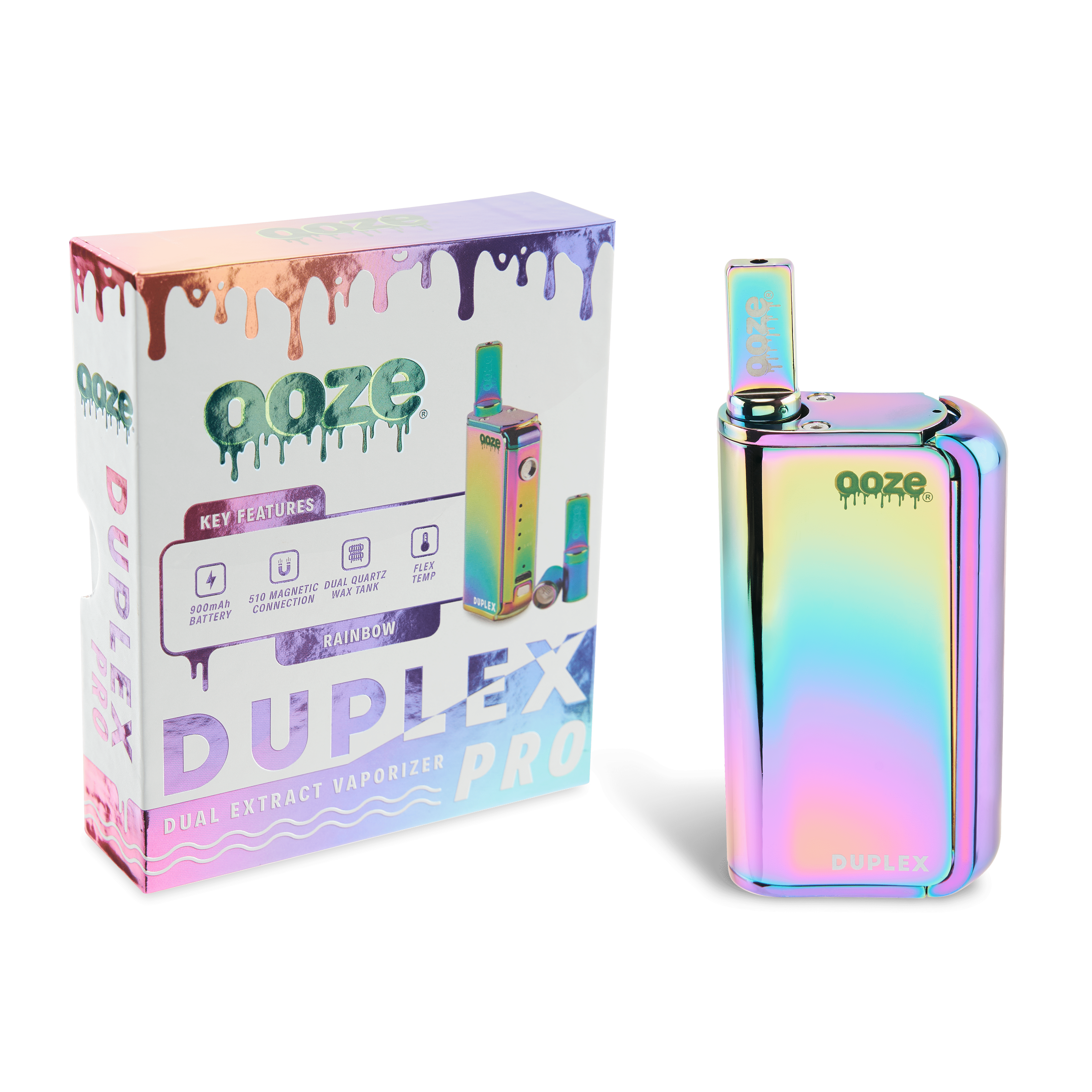 Front view of the Ooze Duplex Pro, a colorful vaporizer with text overlay and visible brand details.