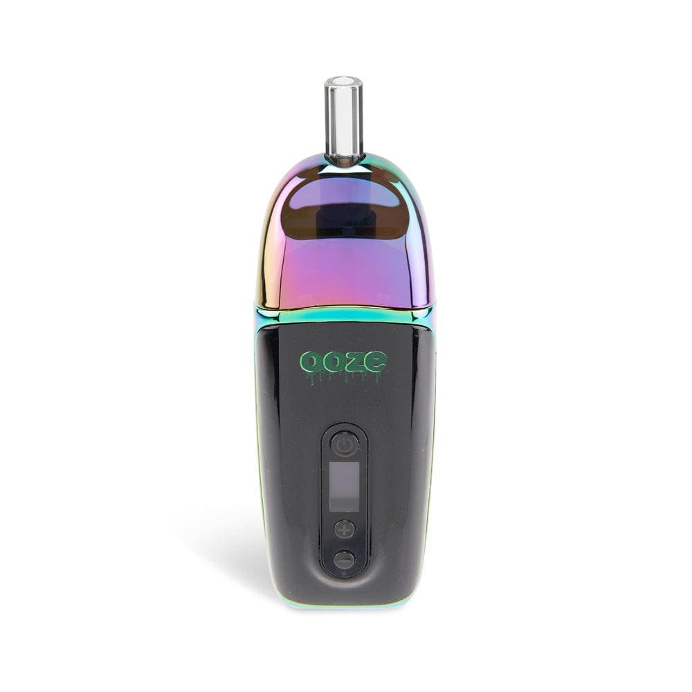 Front view of the Ooze Flare Dry Herb Vaporizer, a sleek, handheld device with a dark finish, set against a plain white background.