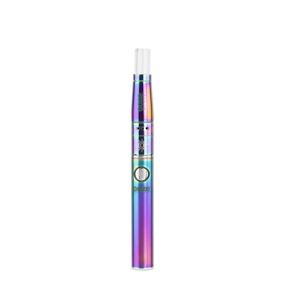 A straight-on view of the Ooze Fusion Atomizer Vape Battery, featuring a sleek, metallic finish and minimalist design.