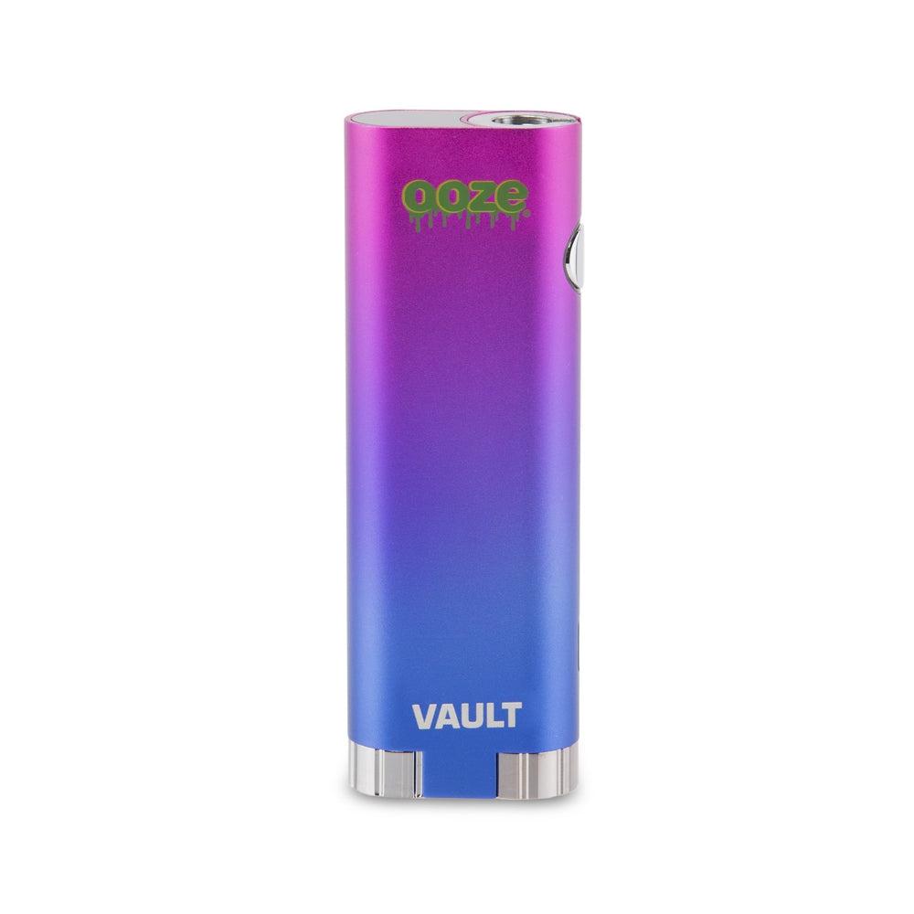 Front view of the Ooze Vault Extract Battery with Storage Chamber, showing a sleek, purple and blue metallic finish.
