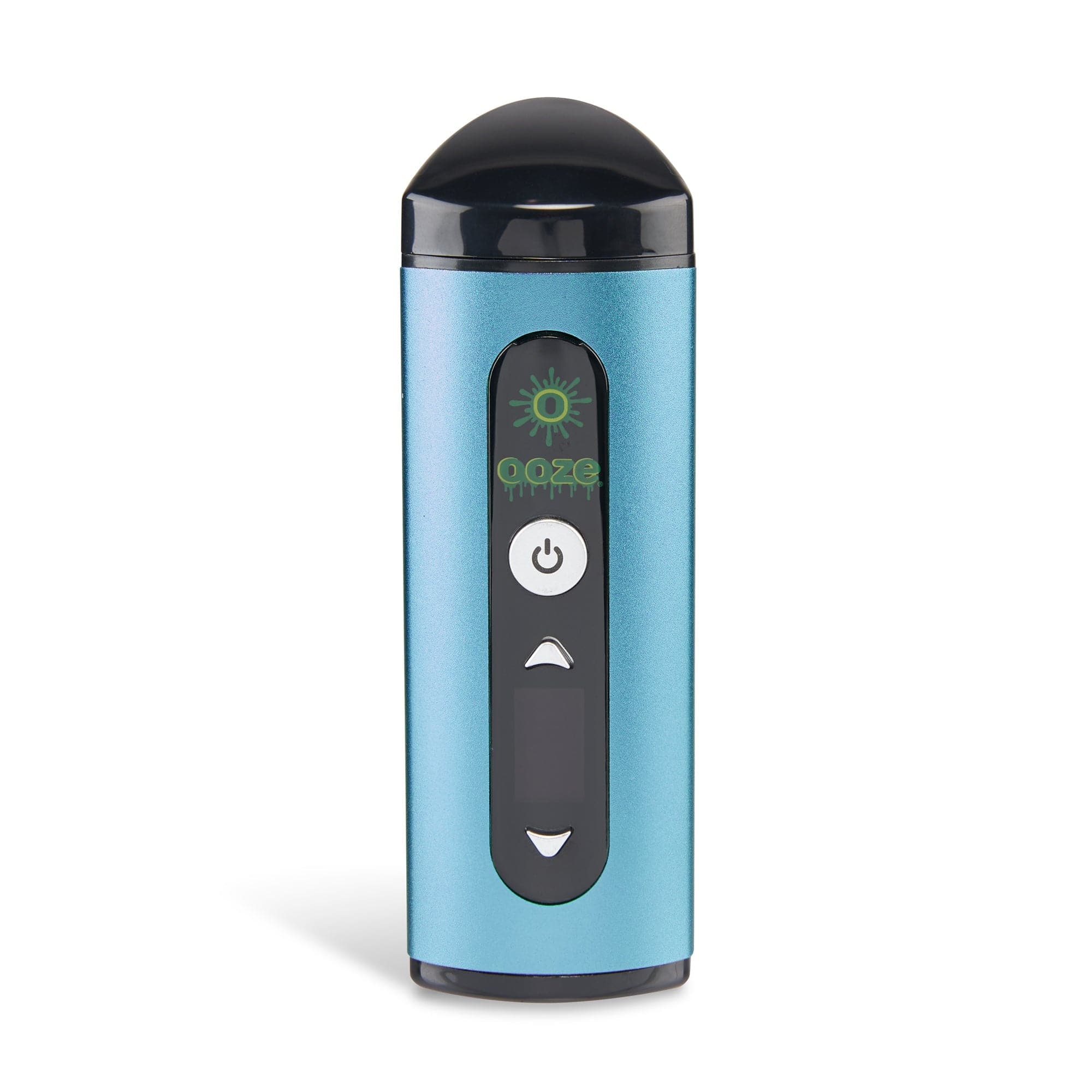 Front view of the Ooze Drought Dry Herb Vaporizer Kit, a sleek, handheld device with a metallic finish.