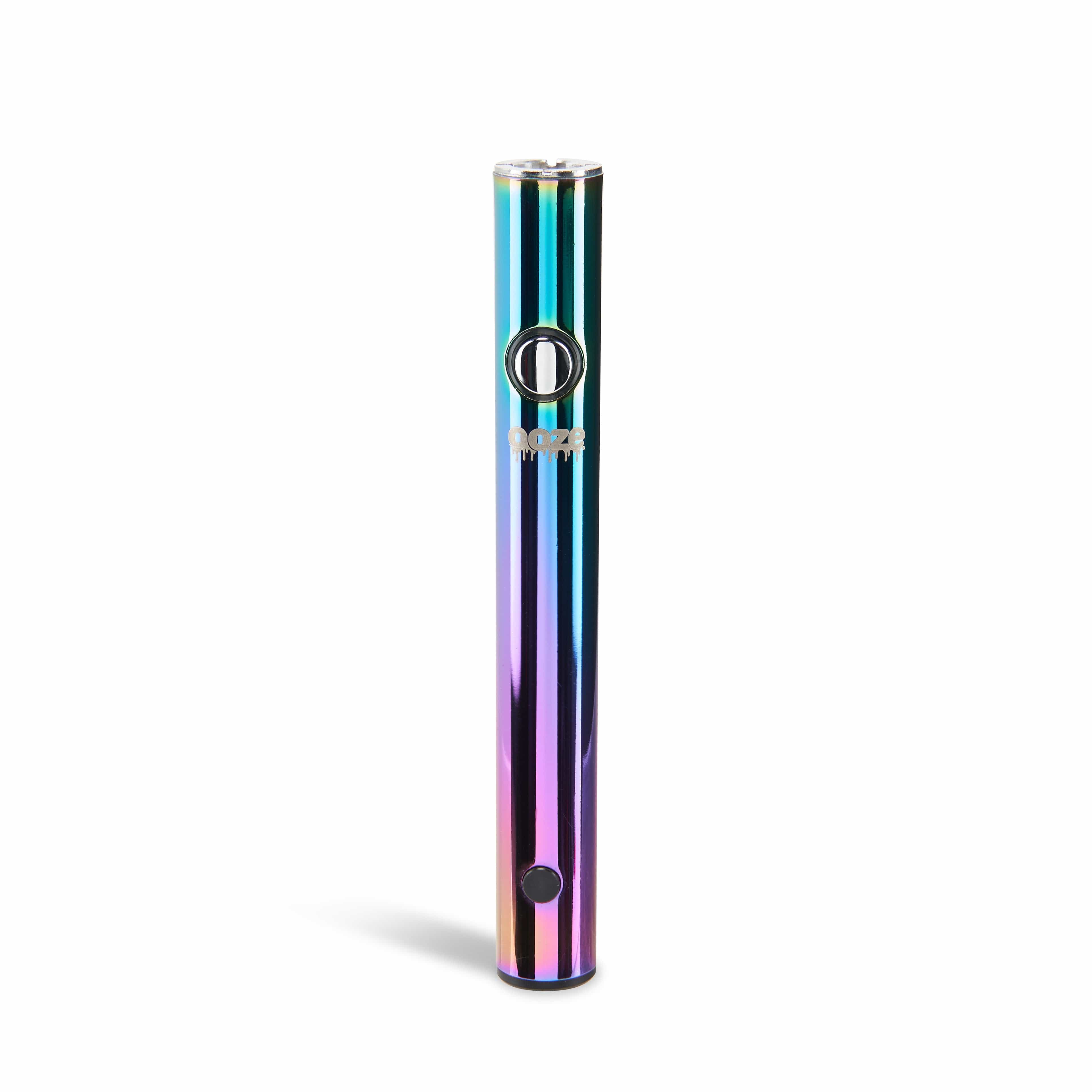 Front view of the Ooze Wink 290 mAh Vape Battery Flashlight, displaying a colorful, metallic finish in a studio lighting setup.