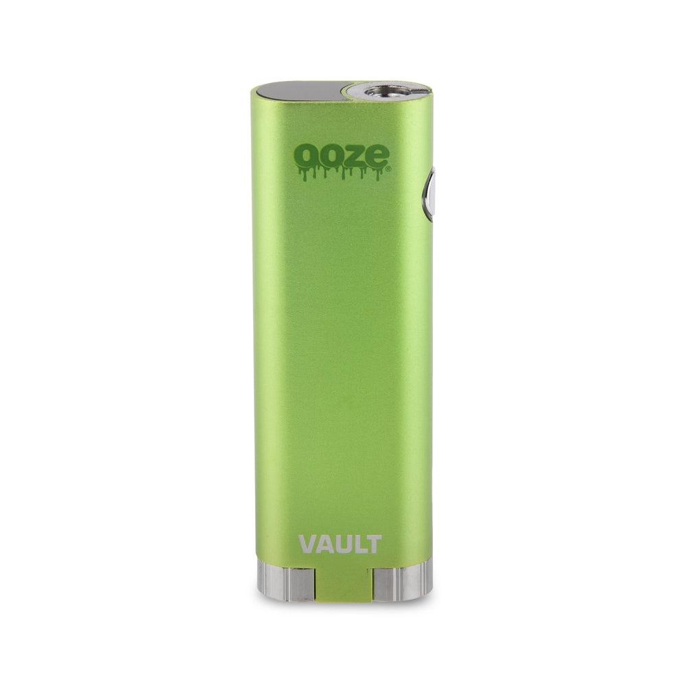 Front view of the Ooze Vault Extract Battery with Storage Chamber, a sleek, silver device isolated on a plain white background.