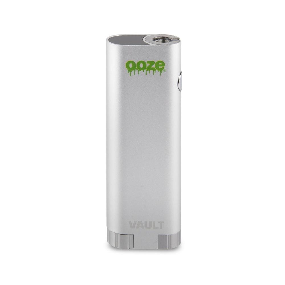 Front view of the Ooze Vault Extract Battery with Storage Chamber, showcasing its sleek, cylindrical shape and metallic finish.