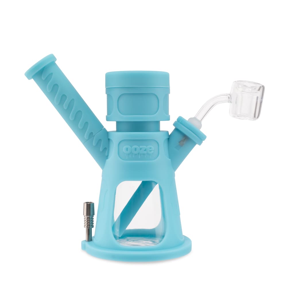 Front view of the Ooze Hyborg Silicone Glass 4-in-1 Hybrid Water Pipe and Nectar Collector with a blue silicone body and clear glass mouthpiece.
