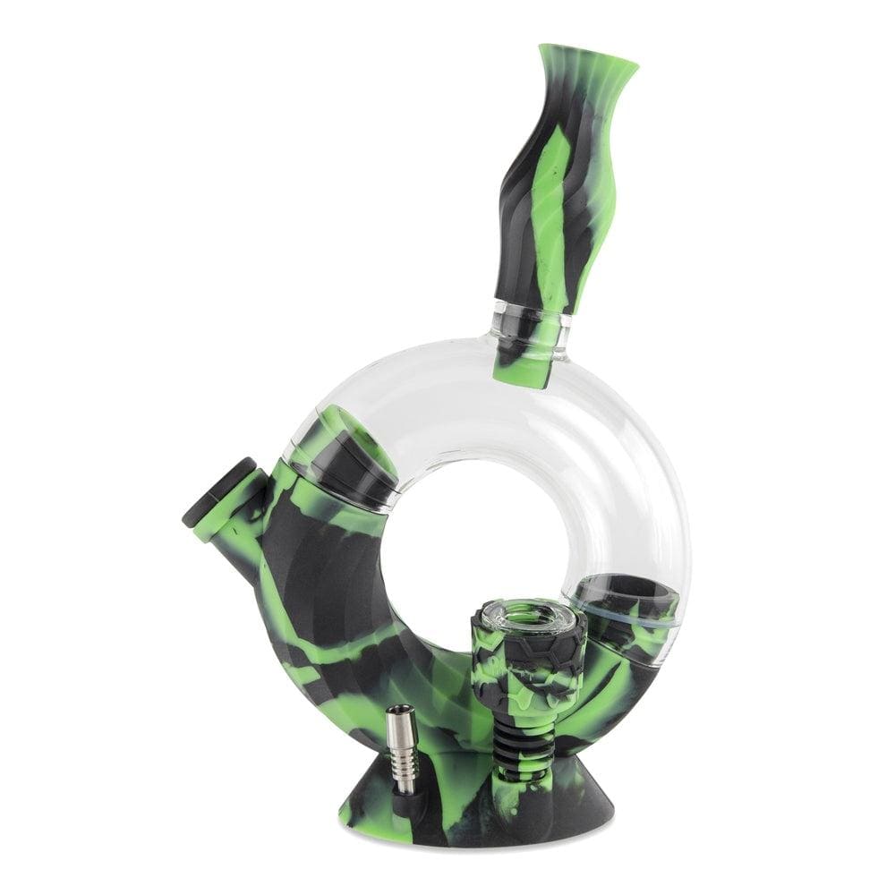 A front view of the Ooze Ozone Silicone Water Pipe and Dab Straw, showing the green and clear silicone construction.