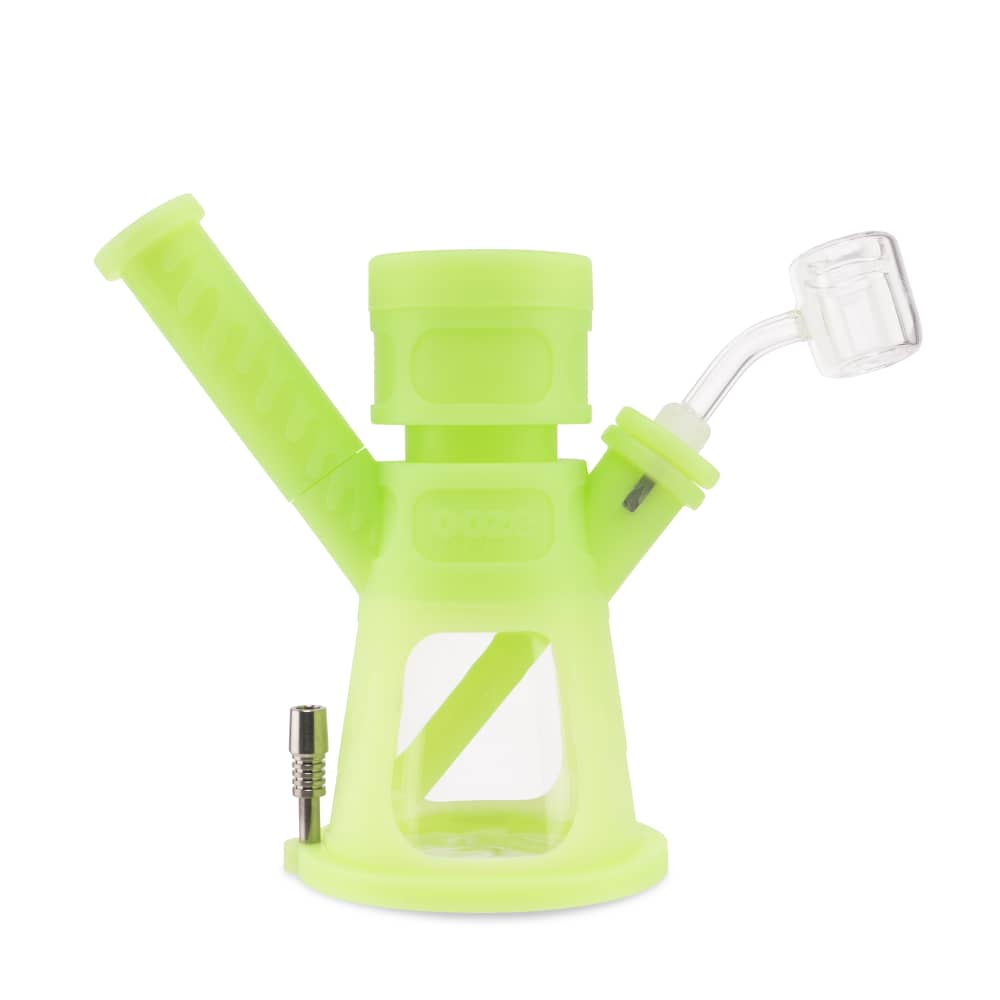 A front view of the Ooze Hyborg Silicone Glass 4-in-1 Hybrid Water Pipe and Nectar Collector, showcasing its vibrant green silicone body and glass accents.