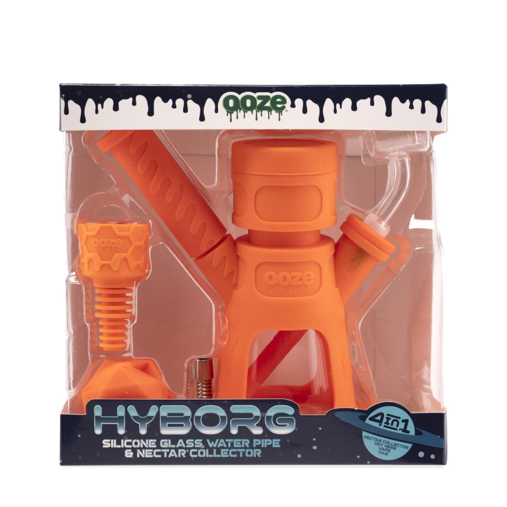 Front view of the Ooze Hyborg Silicone Glass 4-in-1 Hybrid Water Pipe and Nectar Collector, showcasing its clear glass construction.