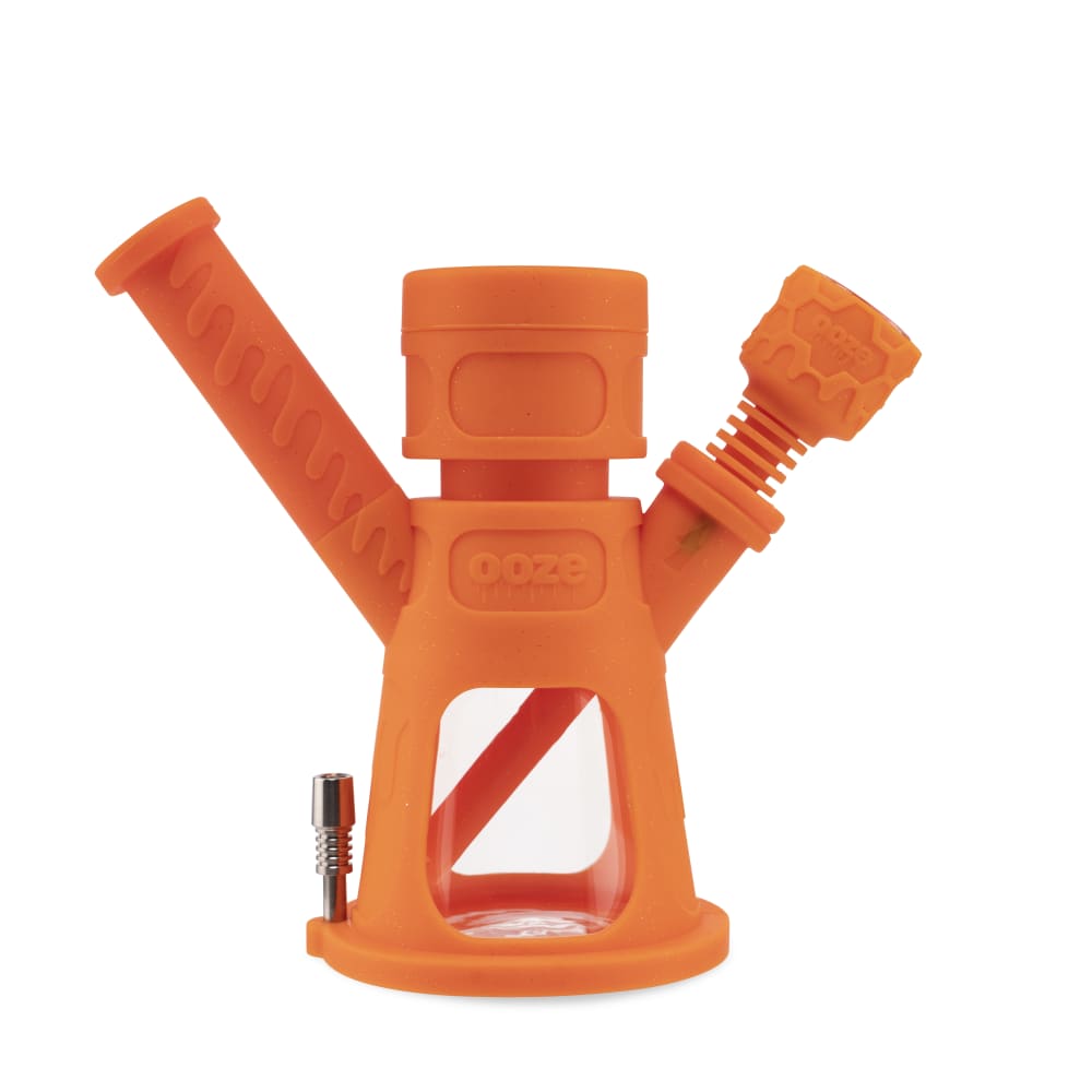 Front view of the Ooze Hyborg Silicone Glass 4-in-1 Hybrid Water Pipe and Nectar Collector, showcasing its orange silicone and glass construction.