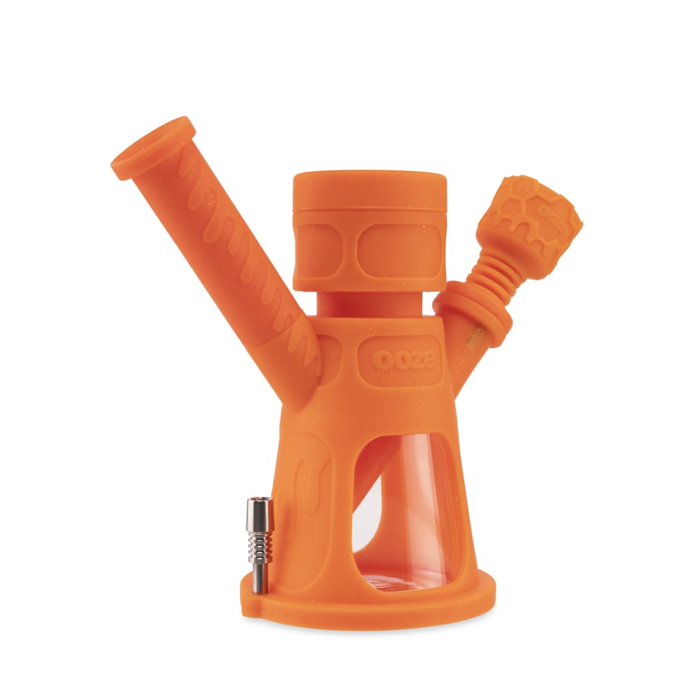 Front view of the Ooze Hyborg Silicone Glass 4-in-1 Hybrid Water Pipe and Nectar Collector, showcasing its orange silicone and glass construction.