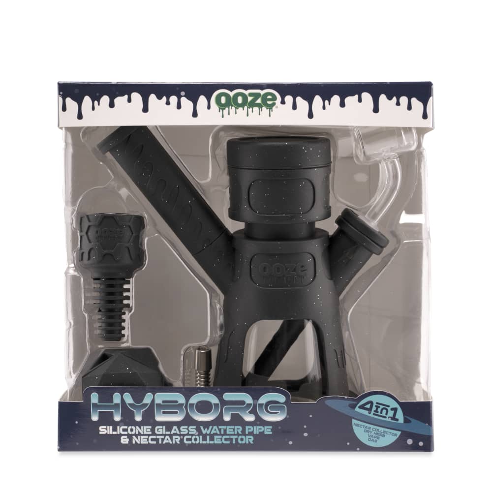 Front view of the Ooze Hyborg Silicone Glass 4-in-1 Hybrid Water Pipe and Nectar Collector, showcasing its sleek, dark design.