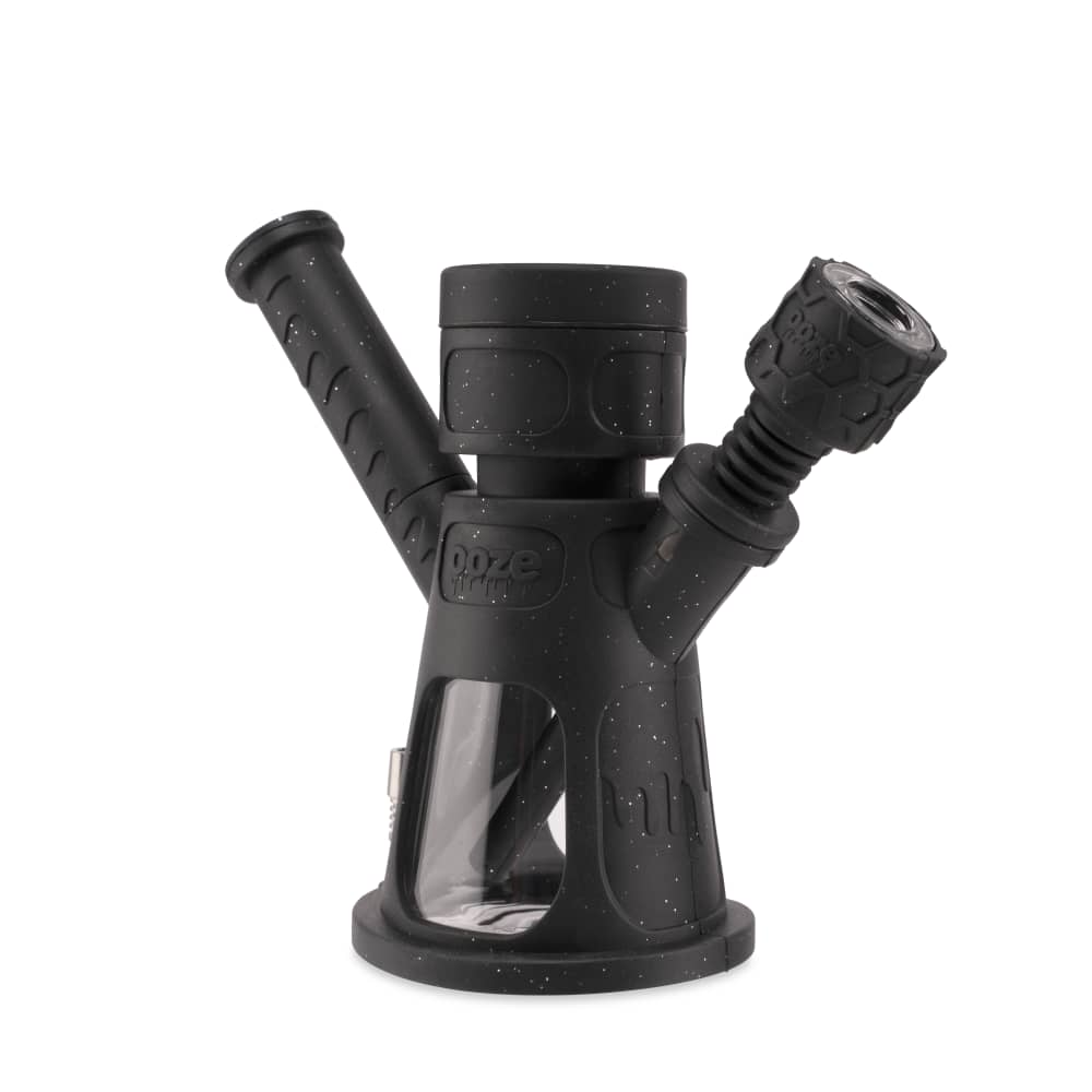 Front view of the Ooze Hyborg Silicone Glass 4-in-1 Hybrid Water Pipe and Nectar Collector, showcasing its black silicone and glass construction.