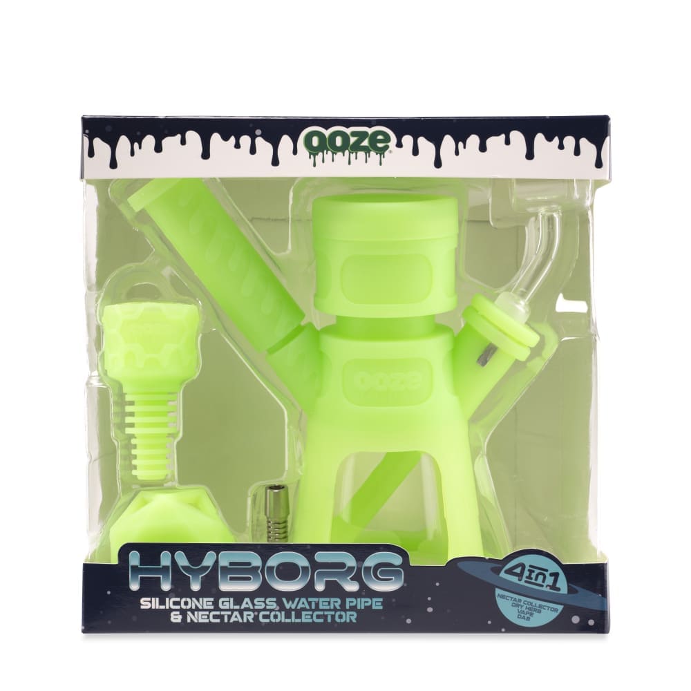 Front view of the Ooze Hyborg Silicone Glass 4-in-1 Hybrid Water Pipe and Nectar Collector, displaying its clear glass and colorful silicone accents.