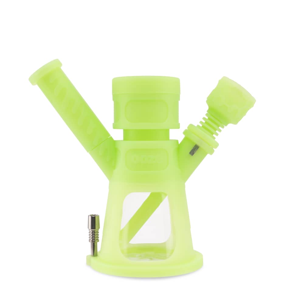 Front view of the Ooze Hyborg Silicone Glass 4-in-1 Hybrid Water Pipe and Nectar Collector, featuring a green silicone body and clear glass components.