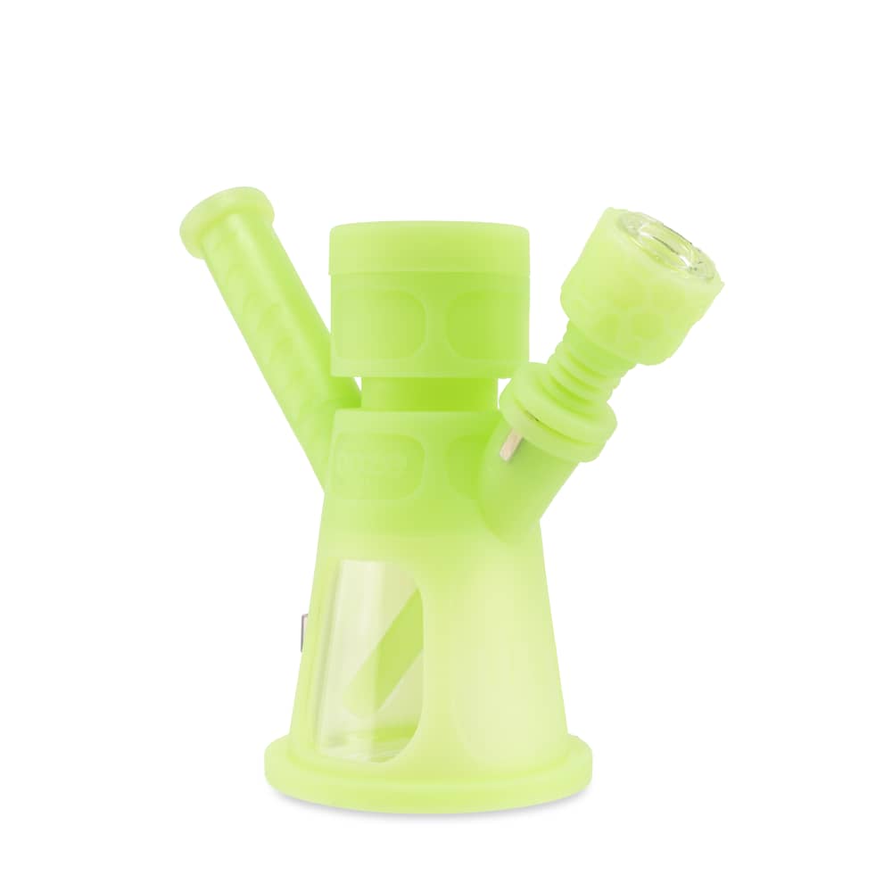 Front view of the Ooze Hyborg Silicone Glass 4-in-1 Hybrid Water Pipe and Nectar Collector, featuring a green silicone wrap.
