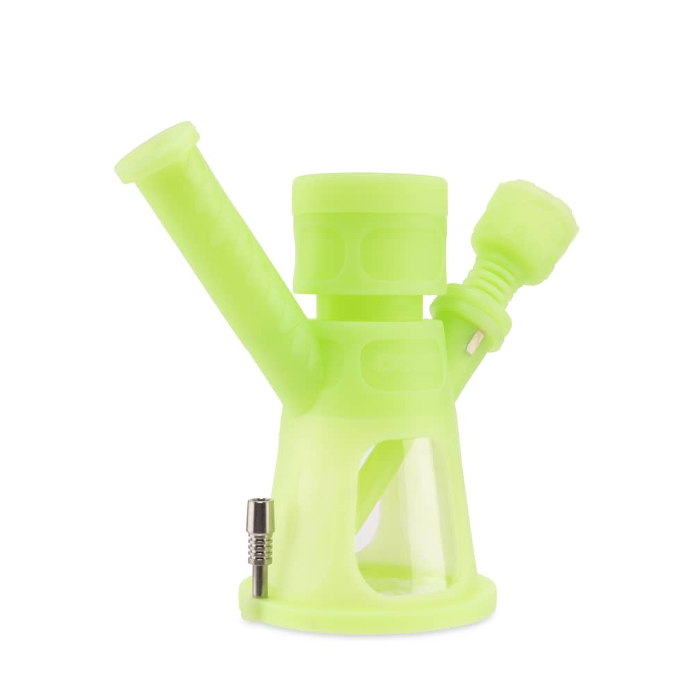 A front view of the Ooze Hyborg Silicone Glass 4-in-1 Hybrid Water Pipe and Nectar Collector, showing its rounded green glass shape.