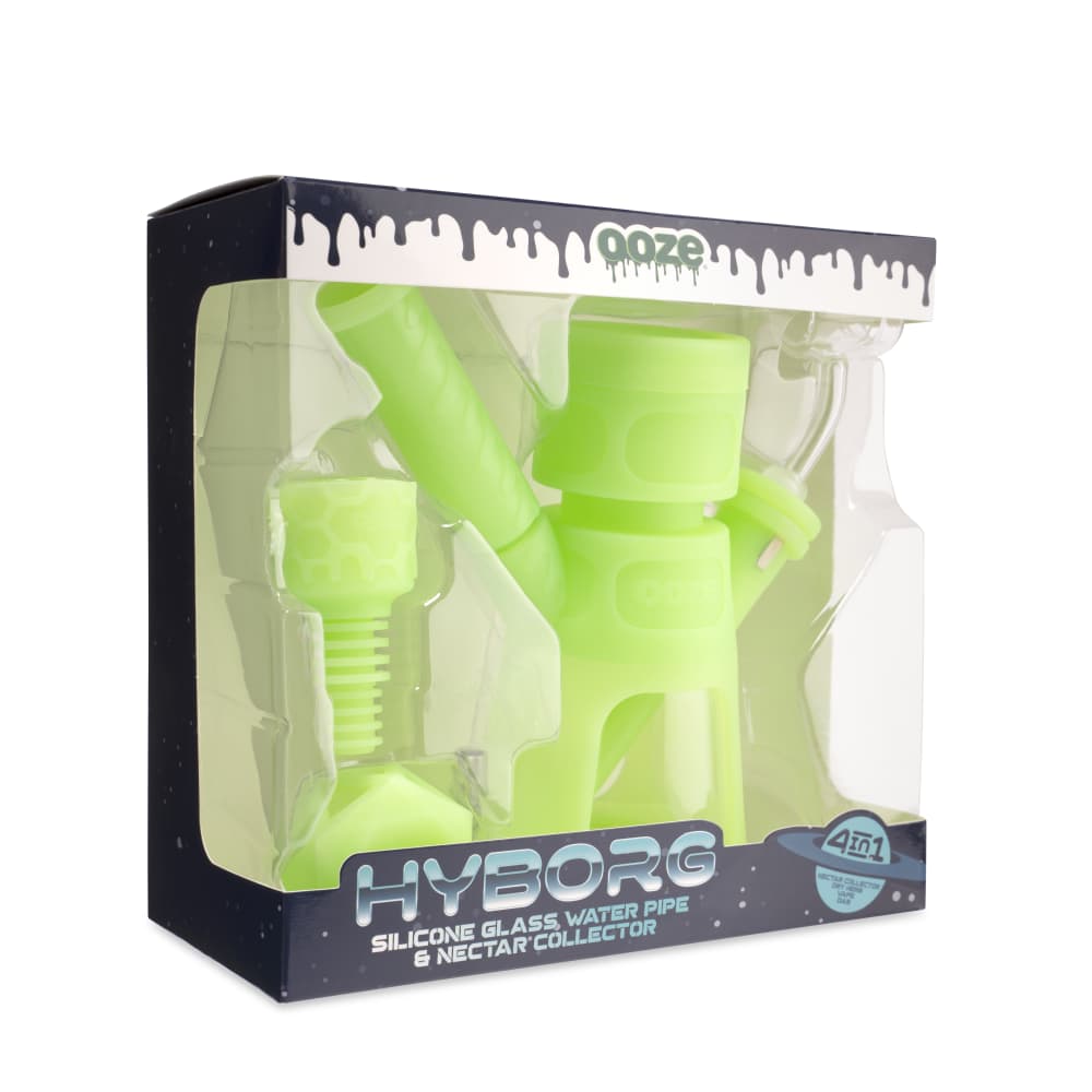Front view of the Ooze Hyborg Silicone Glass 4-in-1 Hybrid Water Pipe and Nectar Collector, showcasing its clear glass construction.