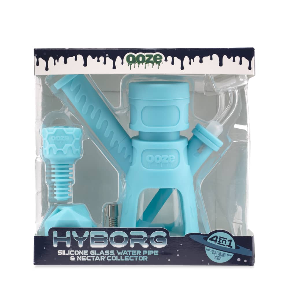 Front view of the Ooze Hyborg Silicone Glass 4-in-1 Hybrid Water Pipe and Nectar Collector with a clear, blue tint.